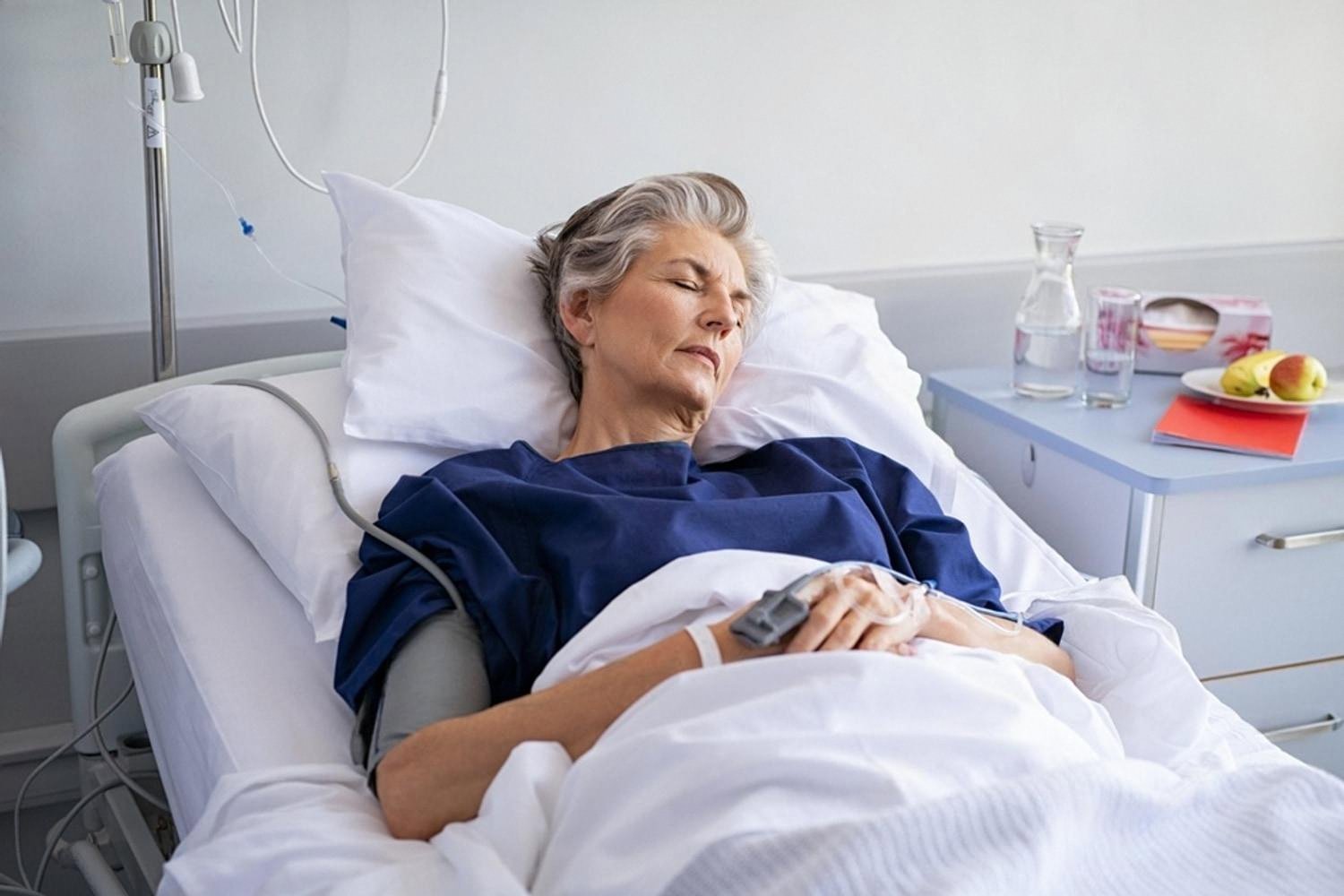 Older female patient resting in a hospital bed with an IV drip in a Dubai hospital room